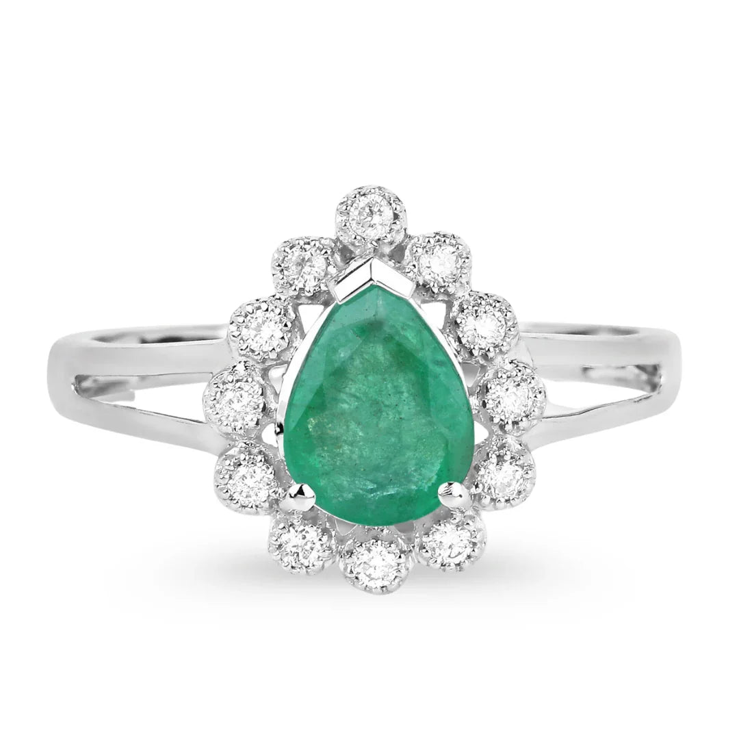 1.10 Ct Pear Green Zambian Emerald Diamond V-Prong 10k Gold Halo Statement Ring