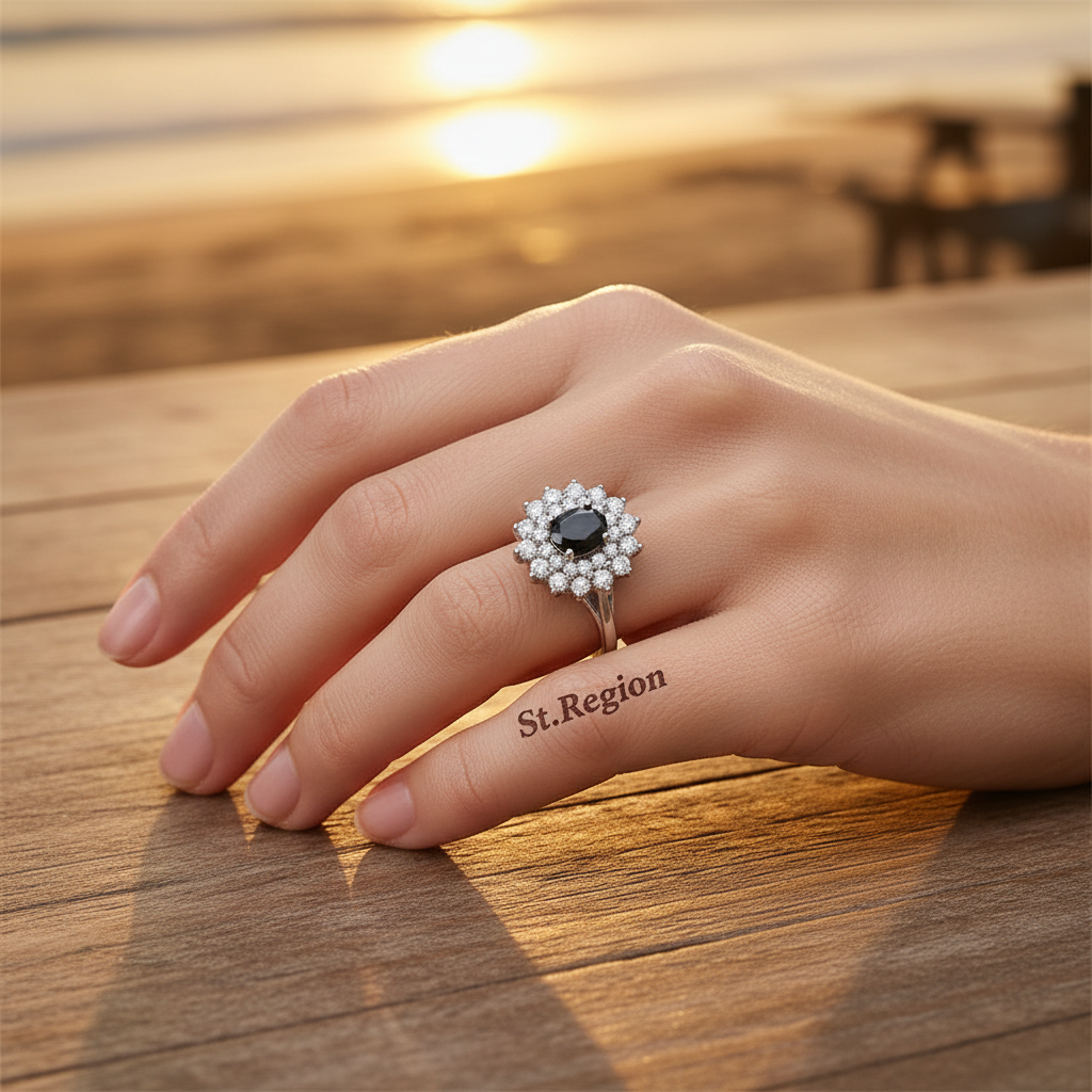 Cubic Zirconia & Black Crystal Flower Halo Ring