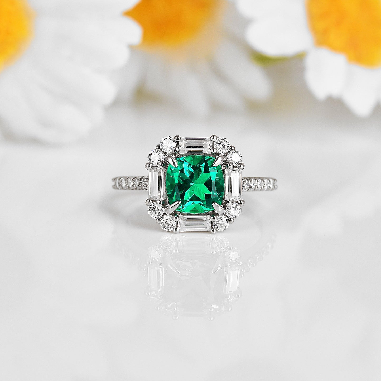2.34 Ct Cushion Green Colombian Lab Created Emerald and Moissanite Prong Silver Halo Engagement Ring