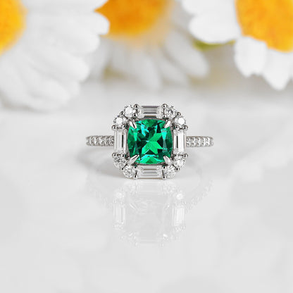 2.34 Ct Cushion Green Colombian Lab Created Emerald and Moissanite Prong Silver Halo Engagement Ring