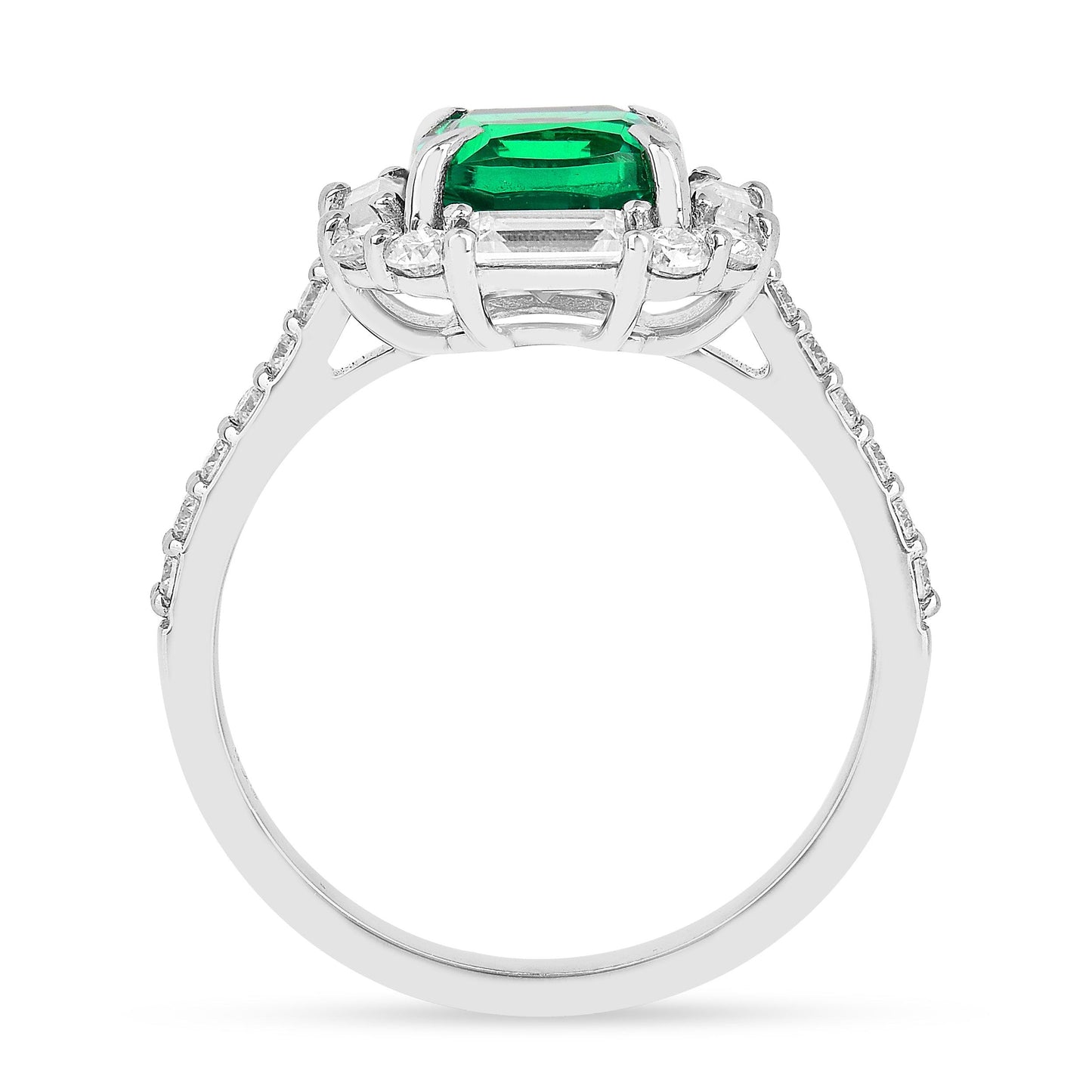 2.34 Ct Cushion Green Colombian Lab Created Emerald and Moissanite Prong Silver Halo Engagement Ring