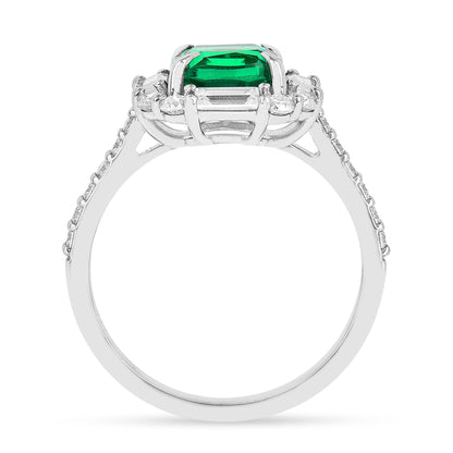 2.34 Ct Cushion Green Colombian Lab Created Emerald and Moissanite Prong Silver Halo Engagement Ring