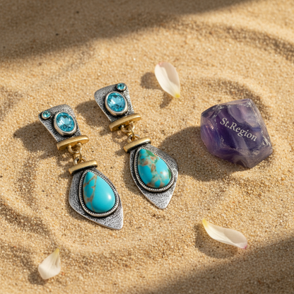 Sea Blue Crystal & Turquoise Two Tone Drop Earrings