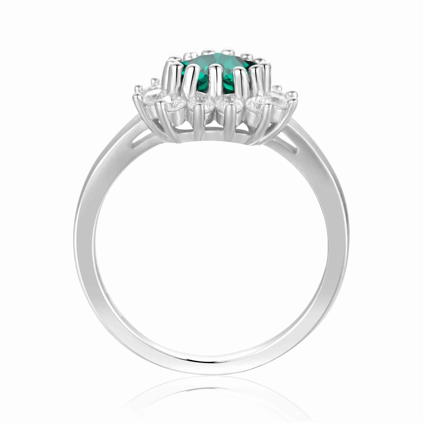 0.93 Ct Heart Green Created Emerald and White Topaz Prong Silver Floral Halo Ring