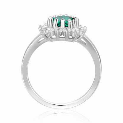 0.93 Ct Heart Green Created Emerald and White Topaz Prong Silver Floral Halo Ring