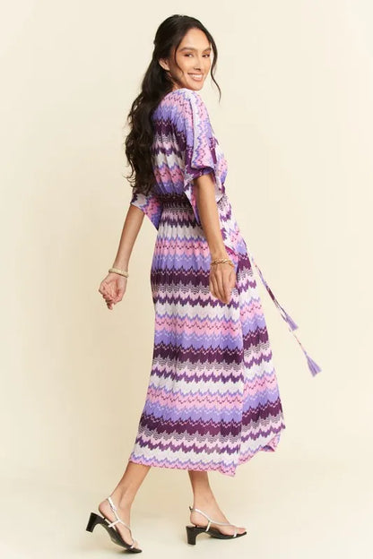 Davi & Dani Multi Color Wavy Tie Waist Flowy Sleeve Dress