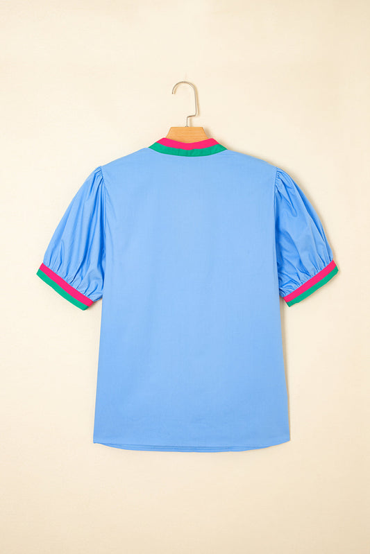 Threaded Pear Sky Blue Contrast Striped V Neck Collision Short Puff Sleeve Blouse