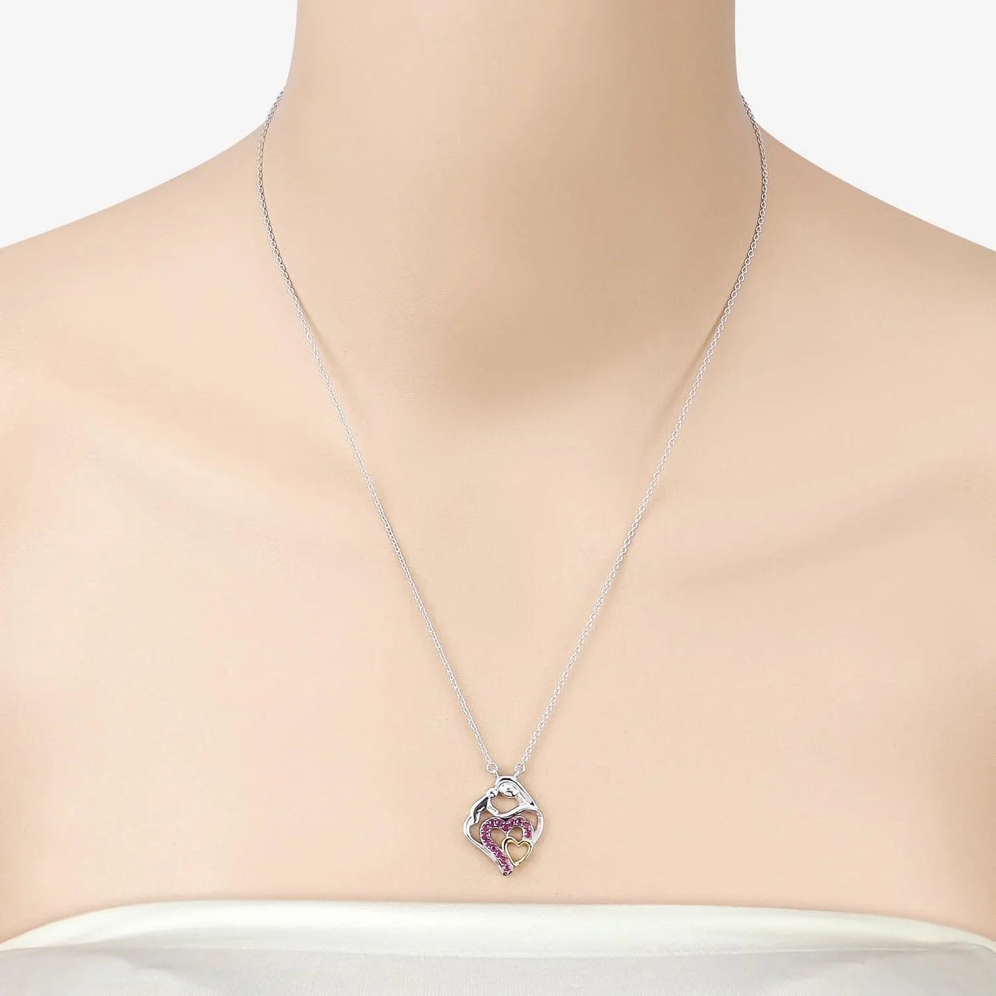 Round Pink Ruby Prong Silver Double Heart Pendant Necklace