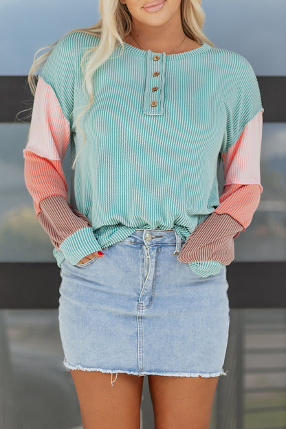 Threaded Pear Aria Knit Colorblock Henley Top