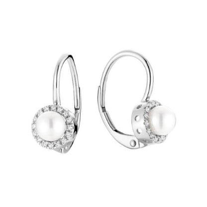 10k Gold Cultured Pearl & Natural Diamonds Halo Dangle Earrings