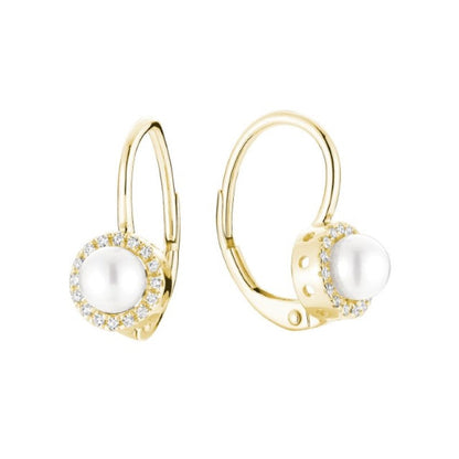 10k Gold Cultured Pearl & Natural Diamonds Halo Dangle Earrings