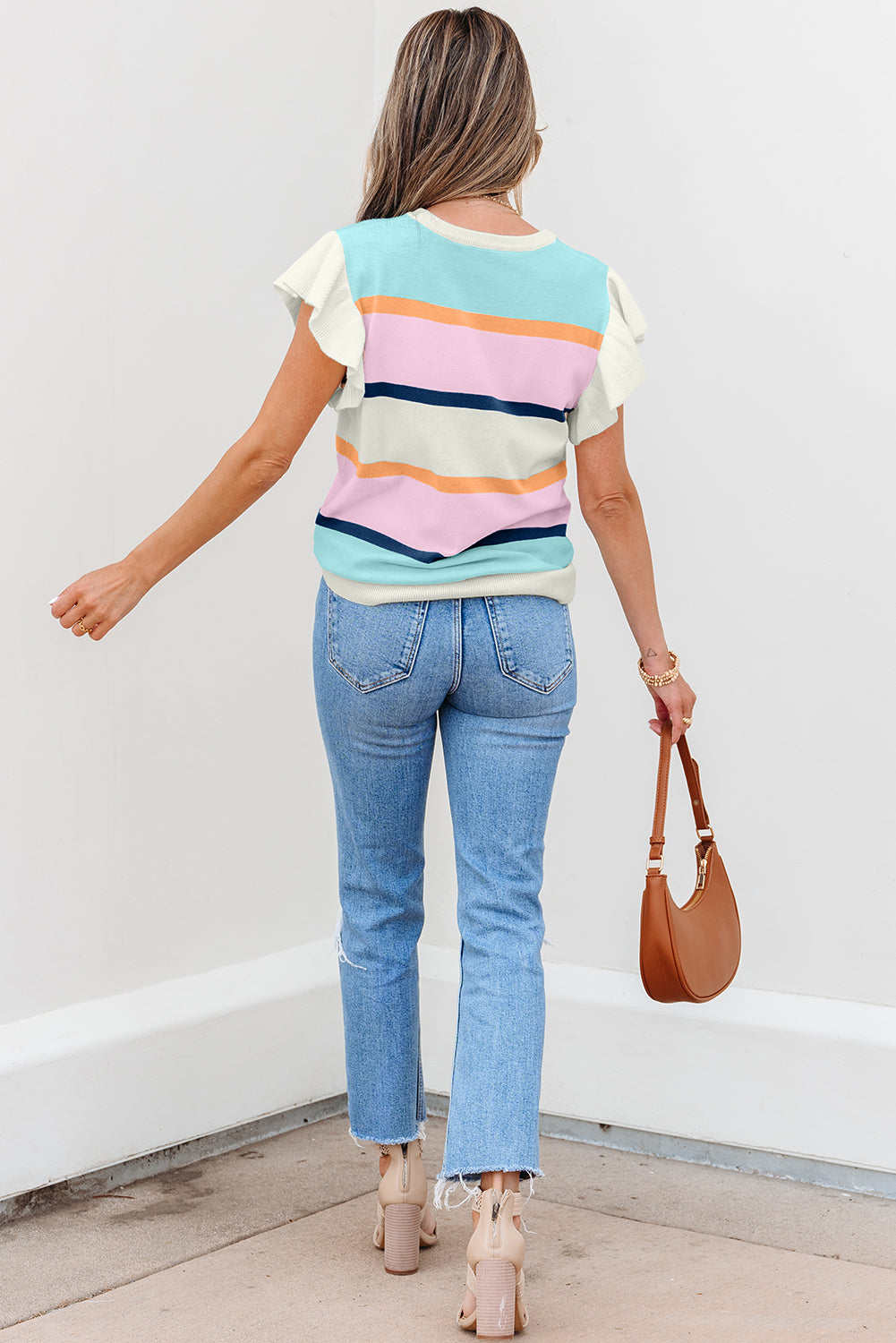Threaded Pear Yasmin Striped Flutter Sleeve Patchwork Top