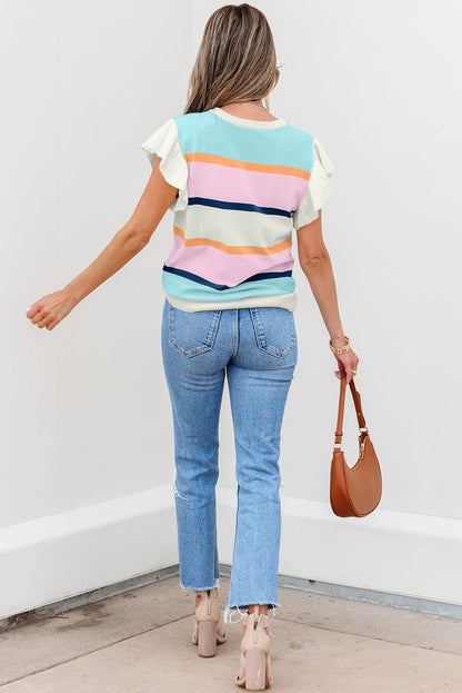 Threaded Pear Yasmin Striped Flutter Sleeve Patchwork Top