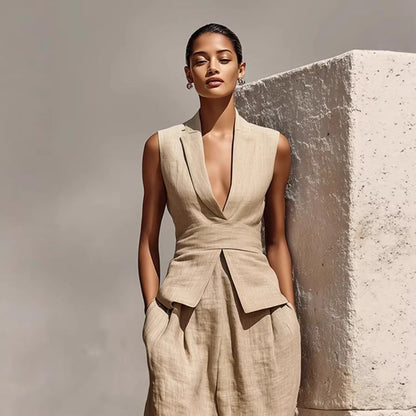 Women's Linen V-Neck Sleeveless Tank Top & Long Pants Set