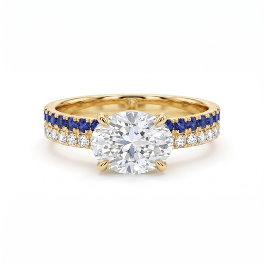 1.27 Cttw Oval Lab Grown Diamond Double Row Pave Band 14k Yellow Gold Engagement Ring
