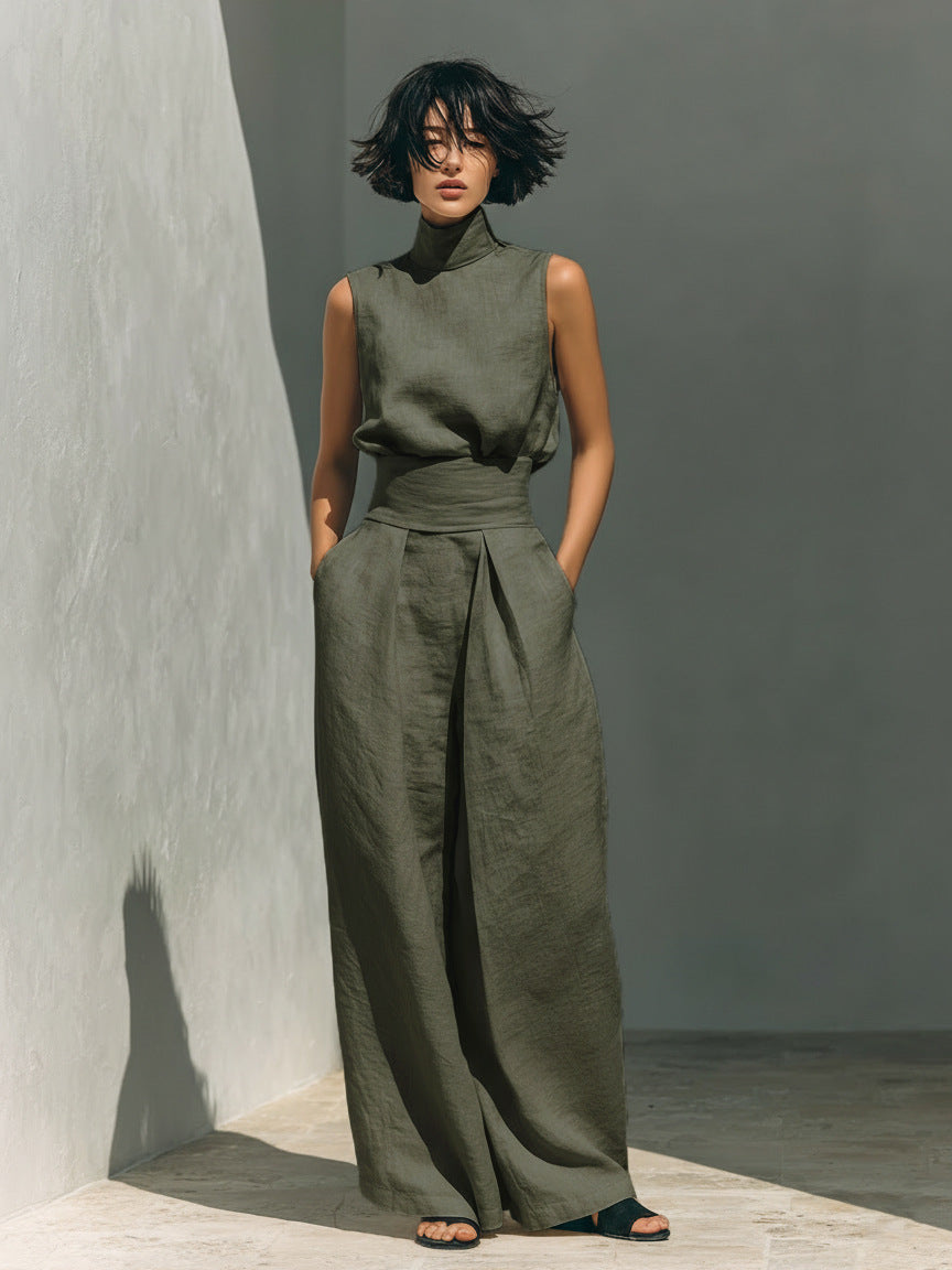 Women's Linen-Blend High-Neck Sleeveless Top & Wide-Leg Pants Set