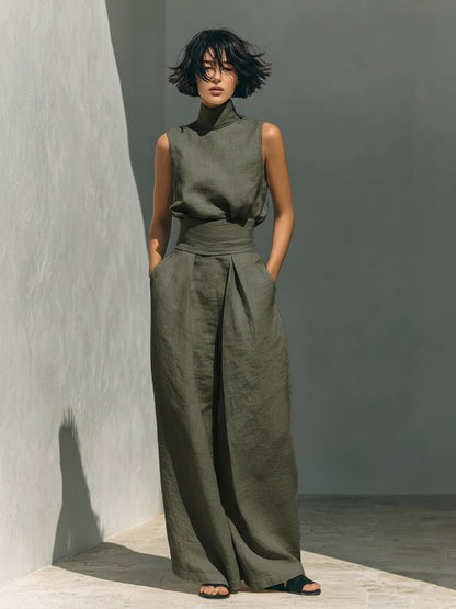 Women's Linen-Blend High-Neck Sleeveless Top & Wide-Leg Pants Set