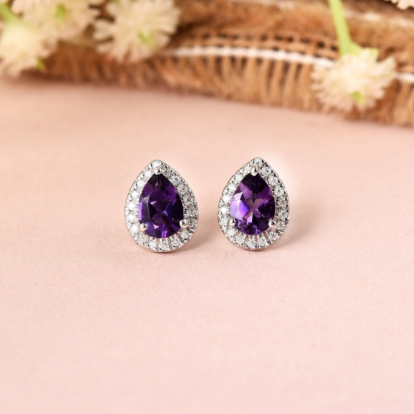 Natural Amethyst Teardrop Stud Earrings