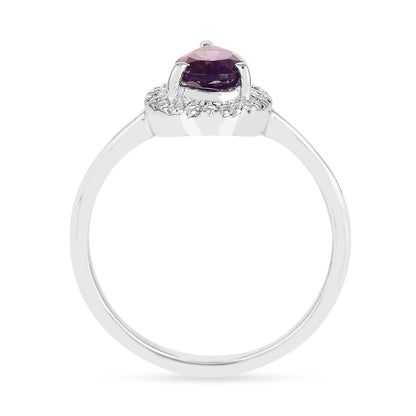 0.97 Ct Pear Purple Amethyst and Moissanite Prong Silver Halo Engagement Ring