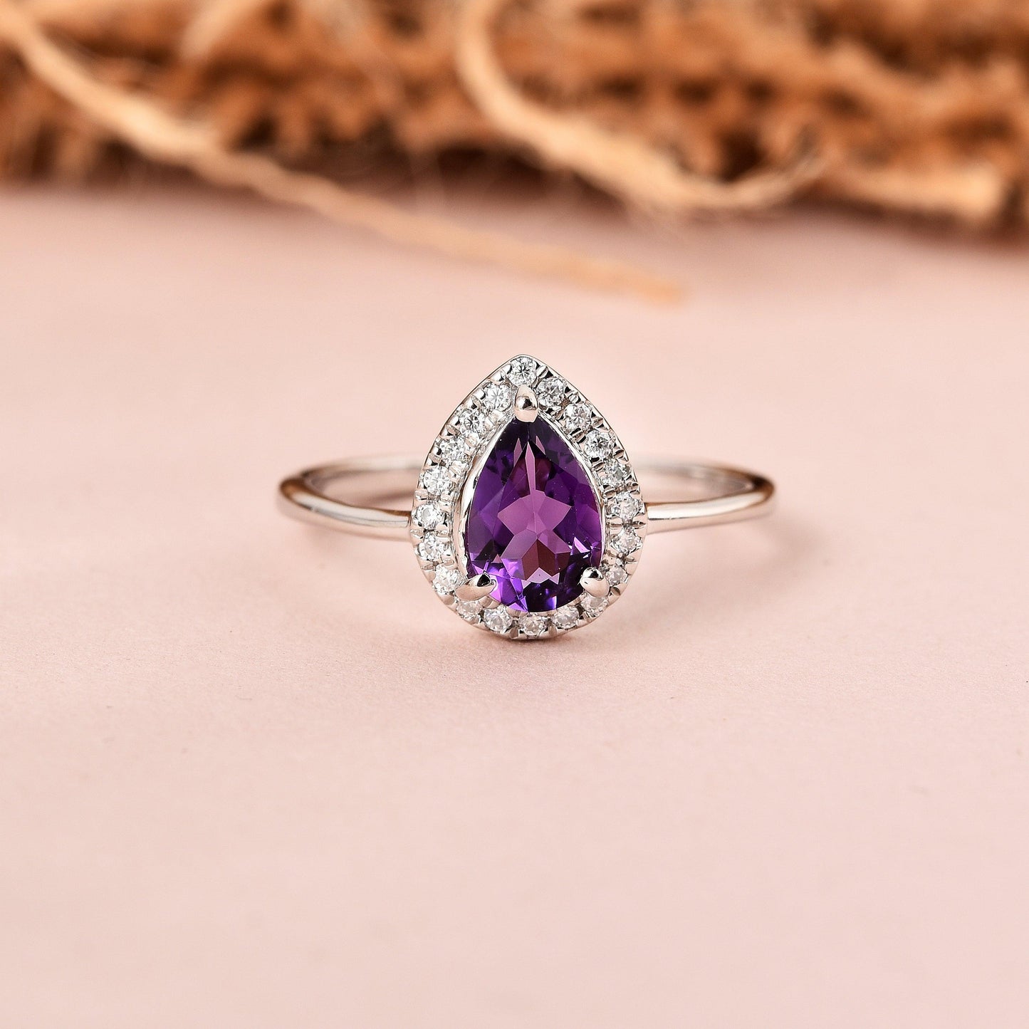 0.97 Ct Pear Purple Amethyst and Moissanite Prong Silver Halo Engagement Ring