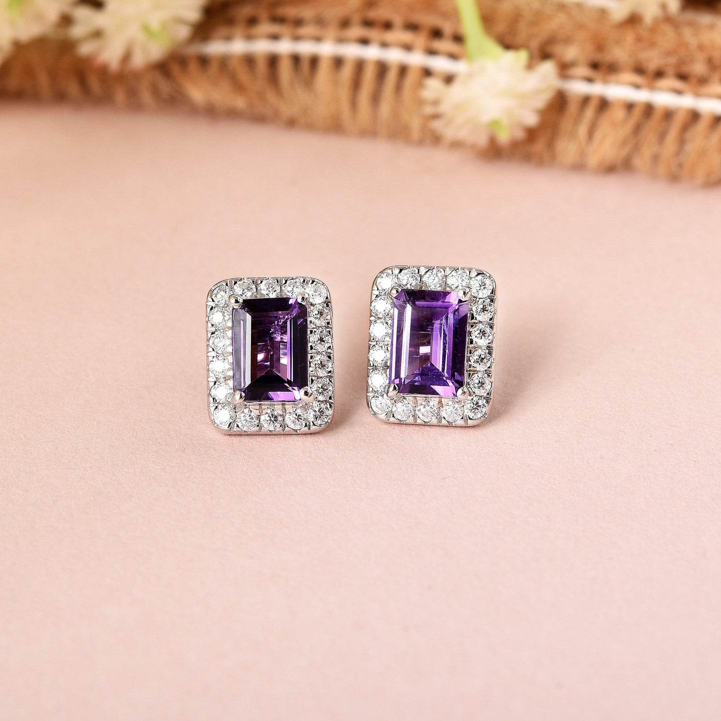 Natural Amethyst Octagon  Stud Earrings