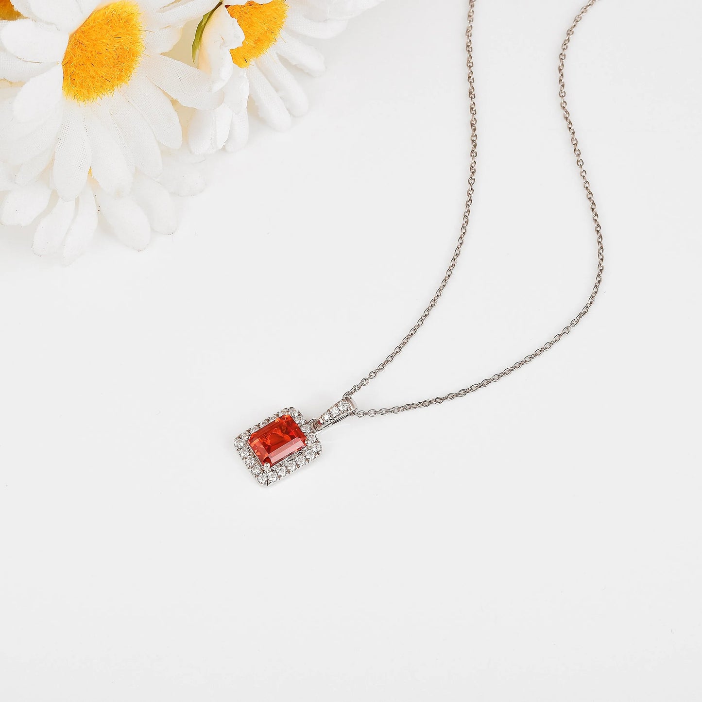 Octagon Peach Sapphire Halo Pendant Necklace