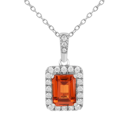 Octagon Peach Sapphire Halo Pendant Necklace