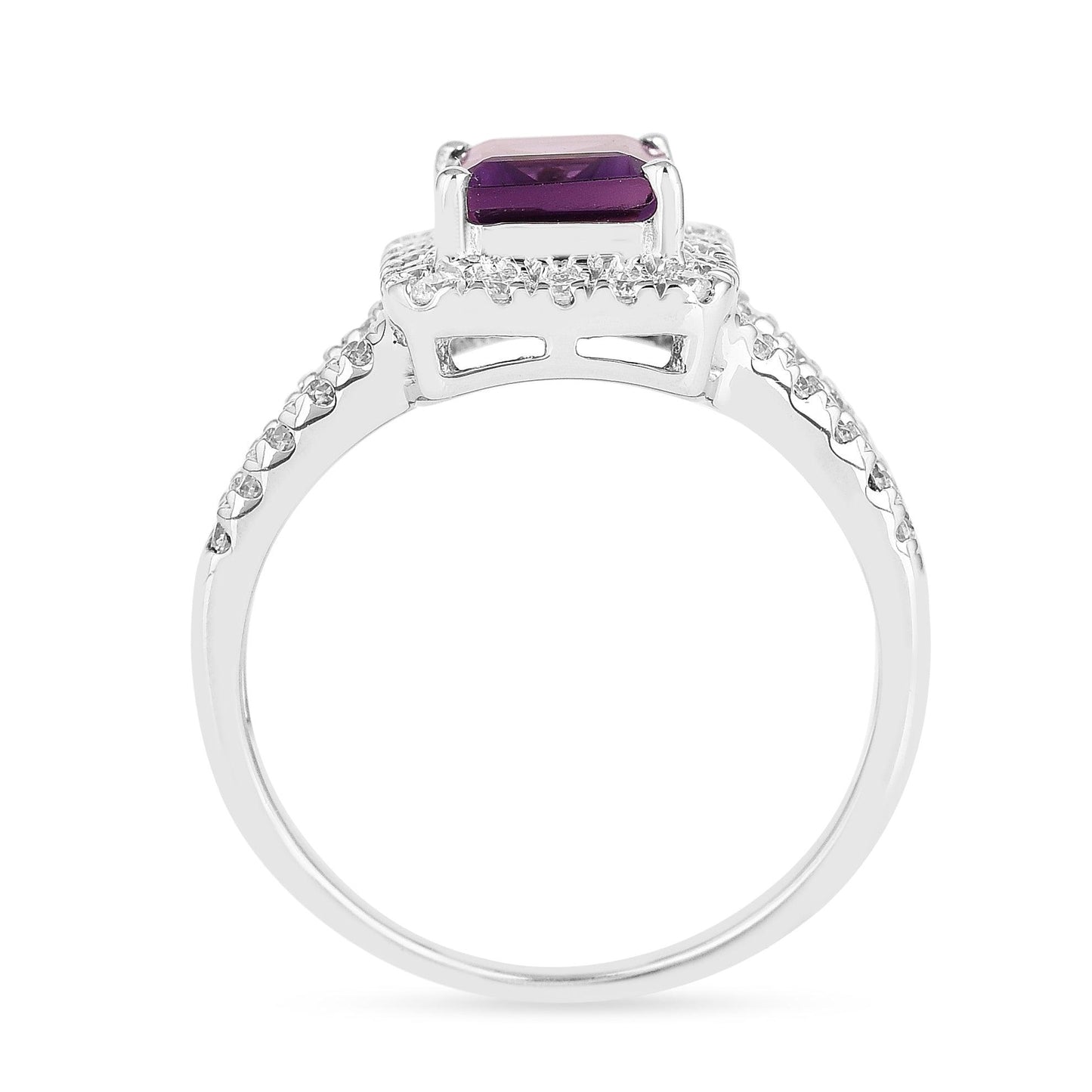 0.97 Ct Octagon Purple Amethyst and Moissanite Prong Silver Halo Statement Ring