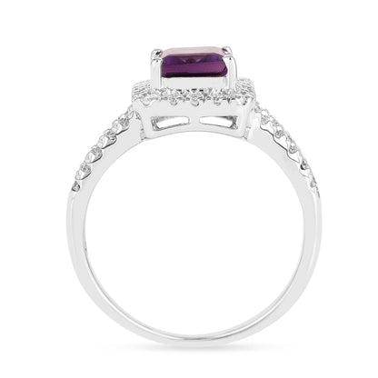 0.97 Ct Octagon Purple Amethyst and Moissanite Prong Silver Halo Statement Ring
