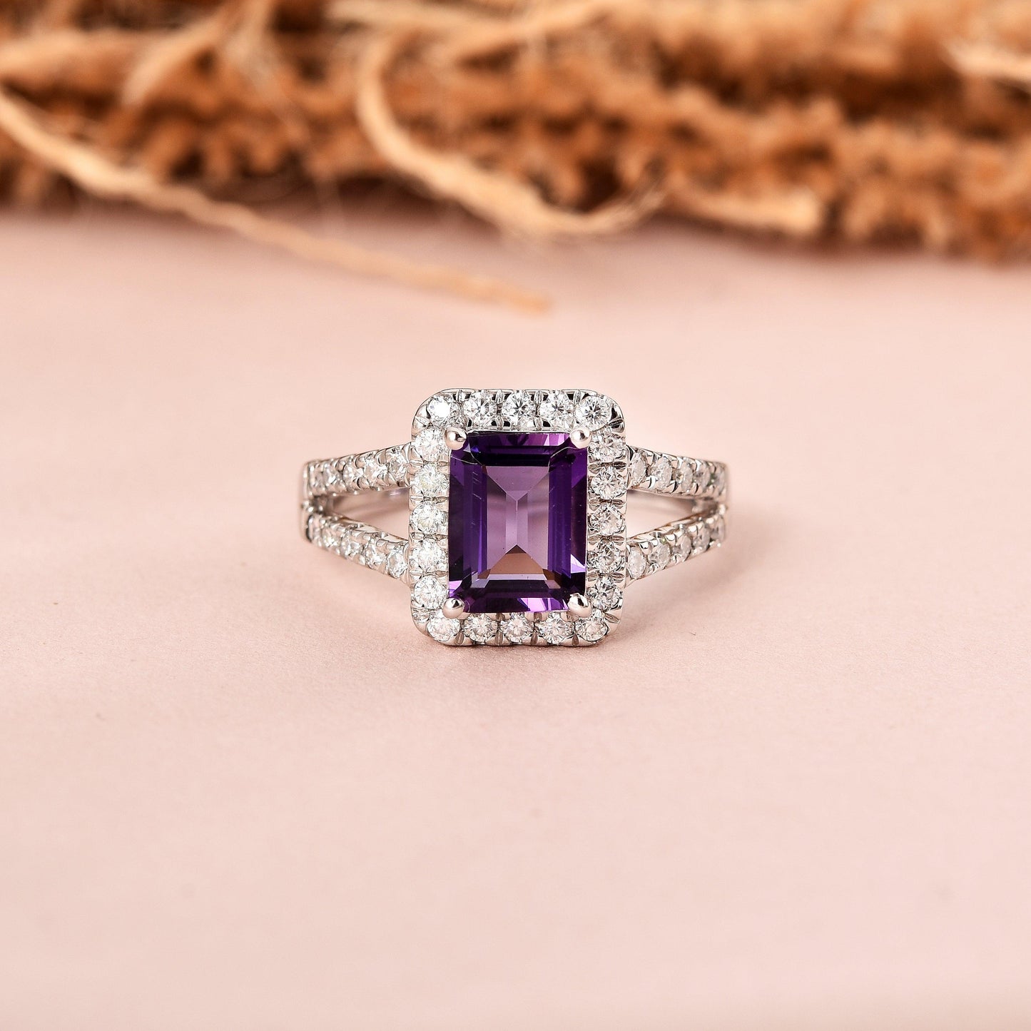 0.97 Ct Octagon Purple Amethyst and Moissanite Prong Silver Halo Statement Ring