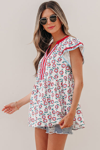 Threaded Pear Avery Trim Flutter Sleeve Blouse