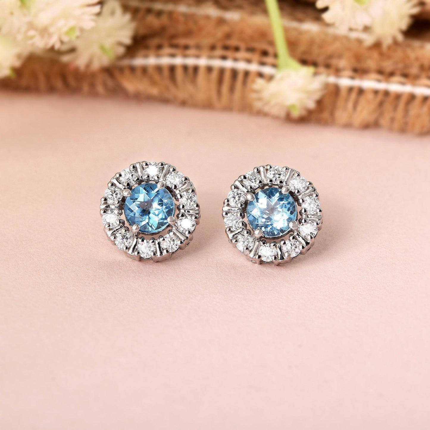 Natural Blue Topaz Halo Stud Earrings