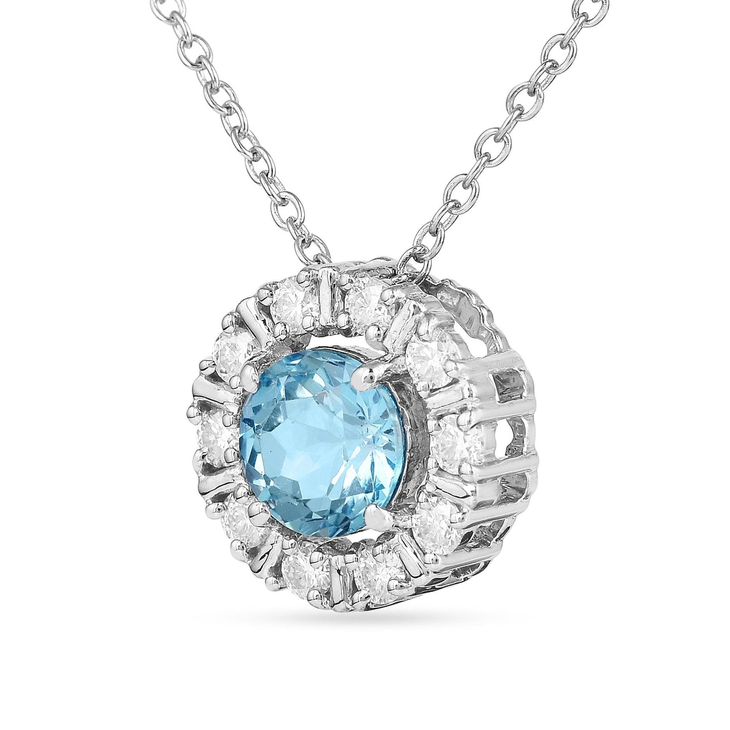 Natural Blue Topaz Round Halo Pendant Necklace