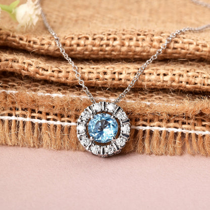 Natural Blue Topaz Round Halo Pendant Necklace