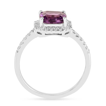 1.65 Ct Cushion Purple Amethyst and Moissanite Prong Silver Halo Cocktail Ring