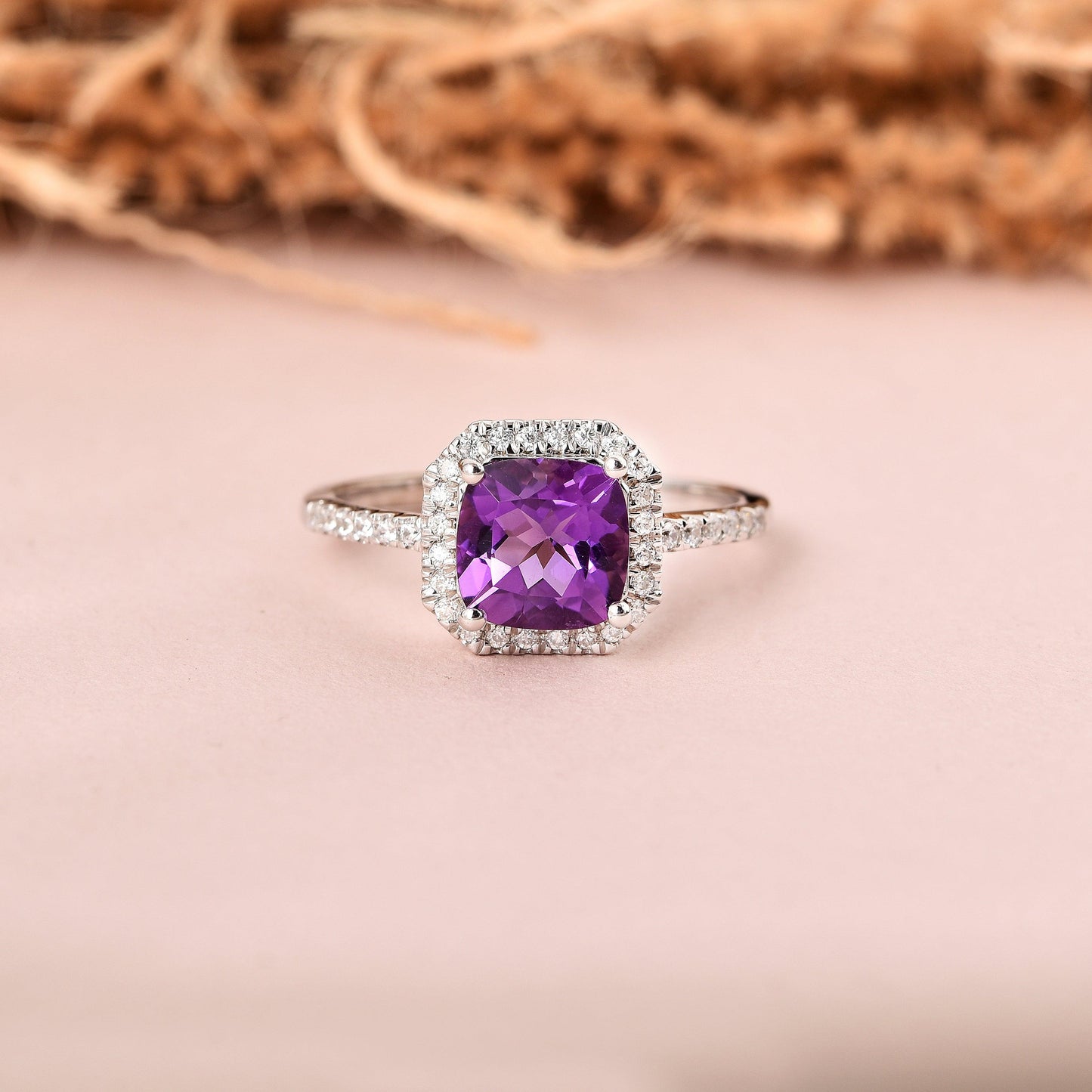 1.65 Ct Cushion Purple Amethyst and Moissanite Prong Silver Halo Cocktail Ring