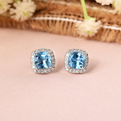 Natural Blue Topaz Cushion Stud Earrings