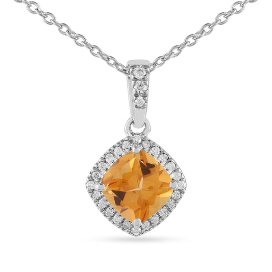 Natural Citrine Cushion Halo Pendant Necklace