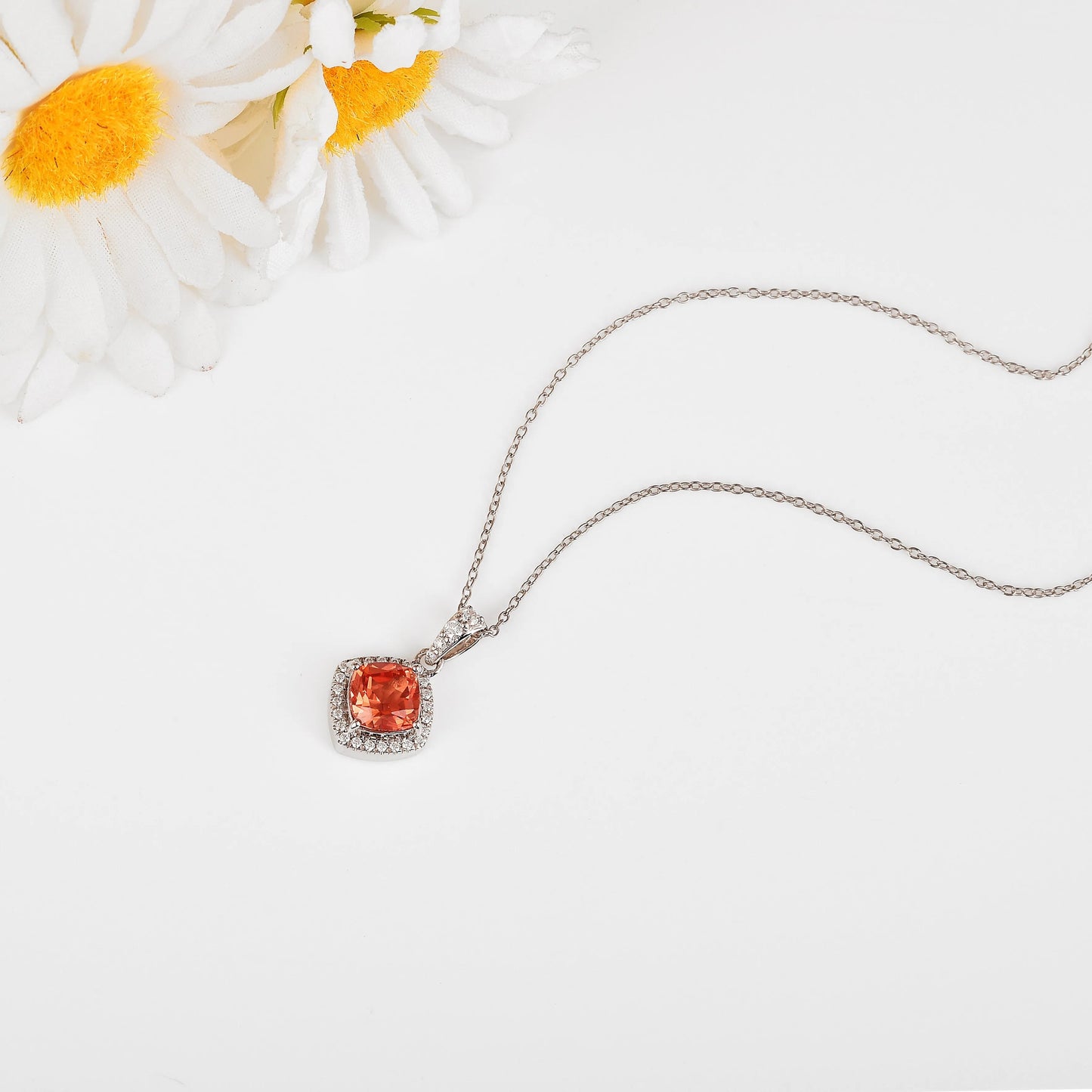 Peach Sapphire Cushion Pendant Necklace