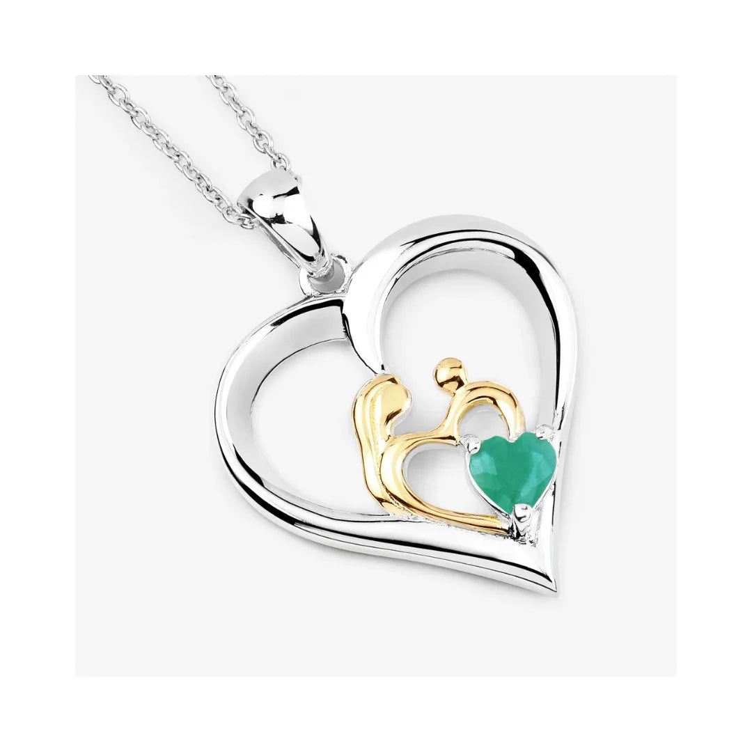 0.45 CTTW Heart Green Emerald Prong Silver Mom Pendant Necklace