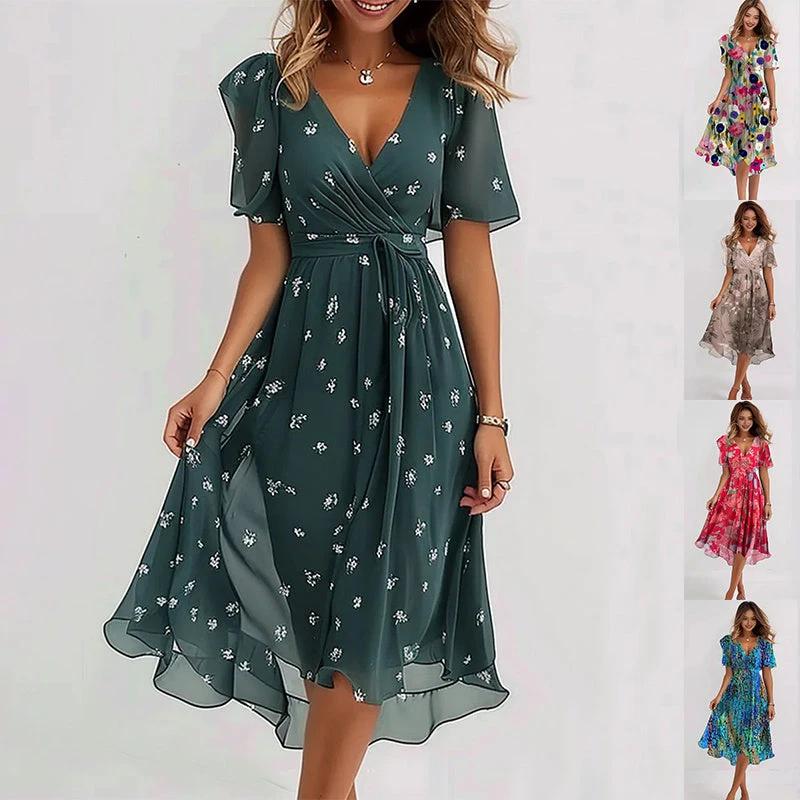 Chiffon Printed Short Sleeve Dress Summer Elegant V-neck Dresses Womens Clothing Gradient dark green / L