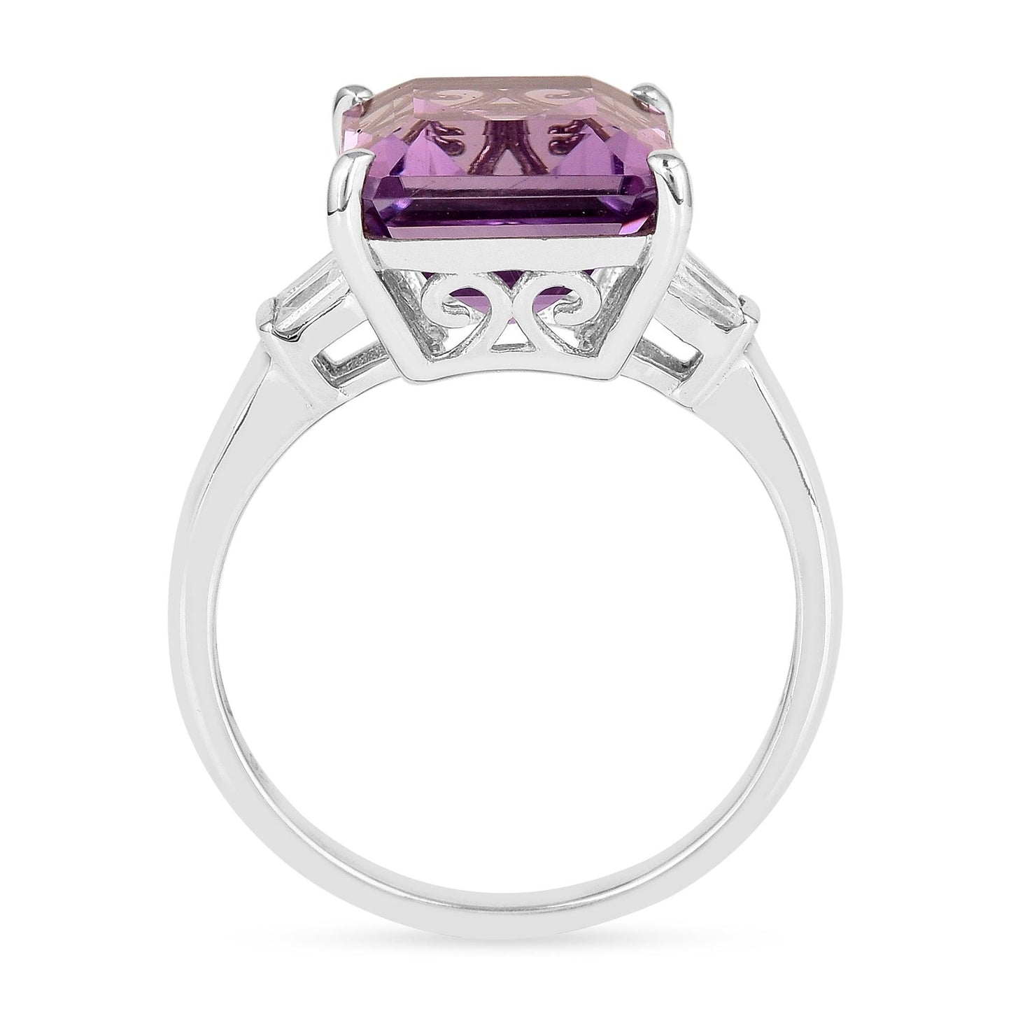 5.55 Ct Octagon Purple Amethyst and White Zircon Prong Silver Statement Ring