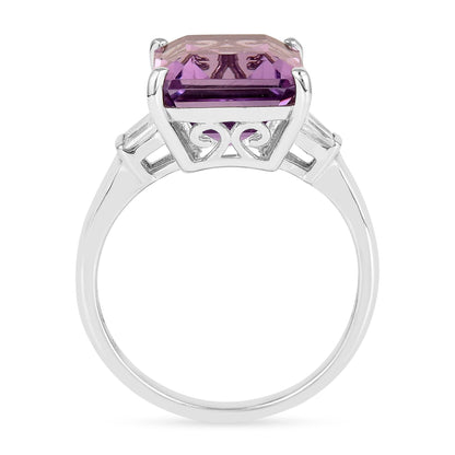 5.55 Ct Octagon Purple Amethyst and White Zircon Prong Silver Statement Ring