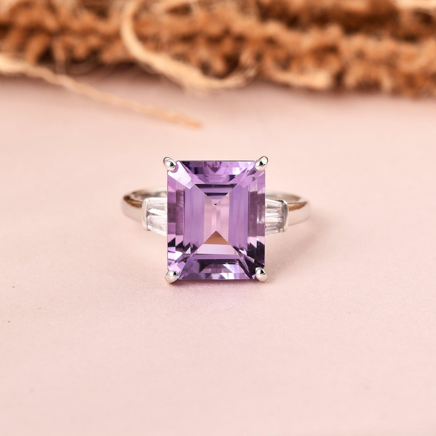 5.55 Ct Octagon Purple Amethyst and White Zircon Prong Silver Statement Ring