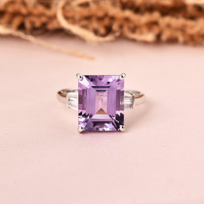 5.55 Ct Octagon Purple Amethyst and White Zircon Prong Silver Statement Ring
