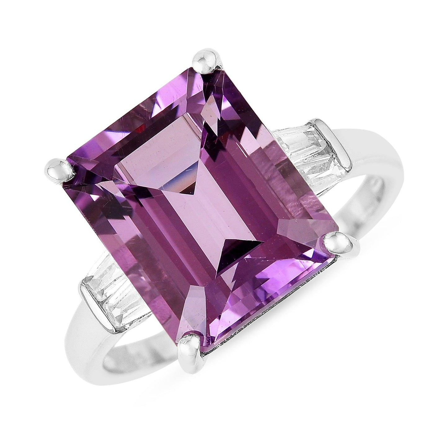 5.55 Ct Octagon Purple Amethyst and White Zircon Prong Silver Statement Ring