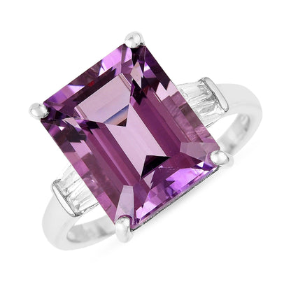 5.55 Ct Octagon Purple Amethyst and White Zircon Prong Silver Statement Ring