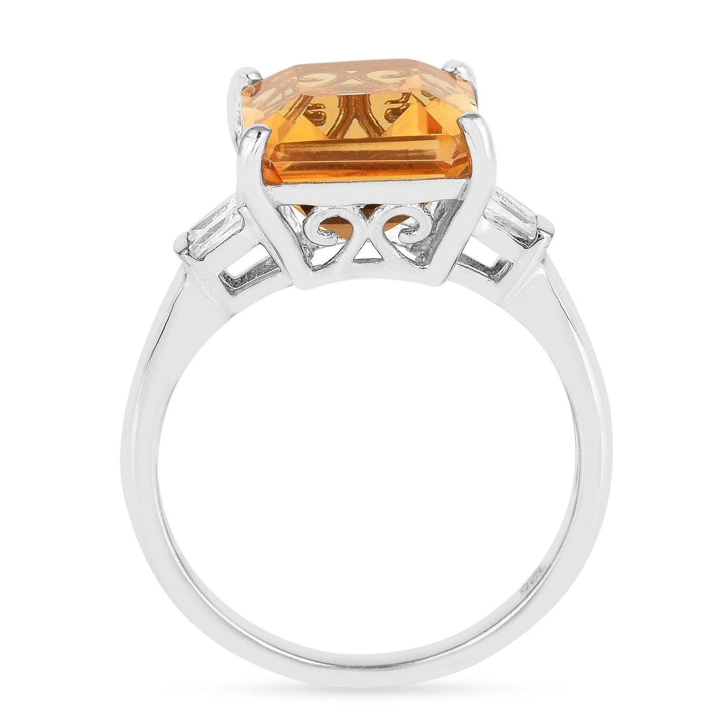 5.5 Ct Octagon Yellow Citrine and White Zircon Prong Silver Statement Solitaire Ring