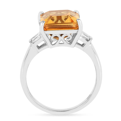 5.5 Ct Octagon Yellow Citrine and White Zircon Prong Silver Statement Solitaire Ring