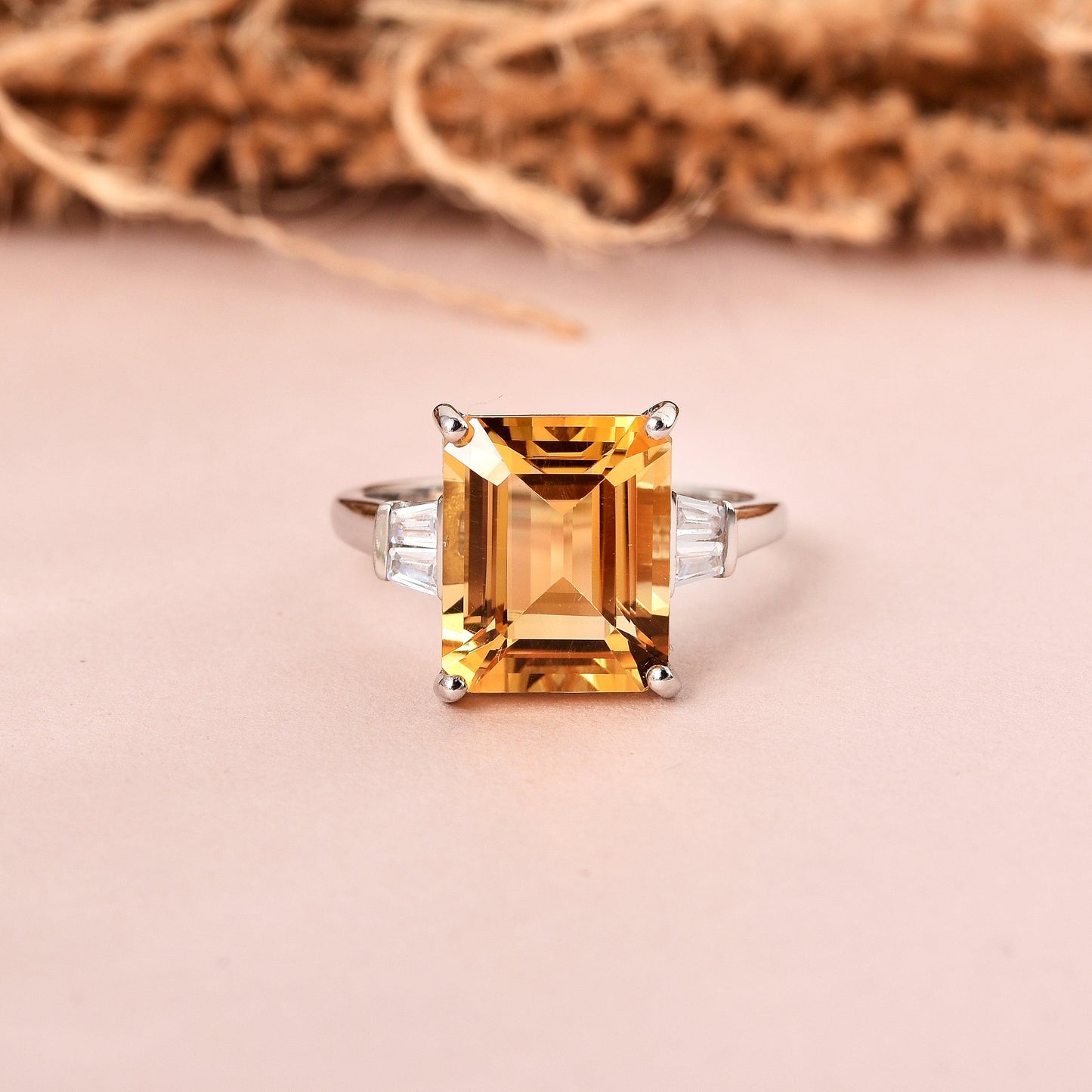 5.5 Ct Octagon Yellow Citrine and White Zircon Prong Silver Statement Solitaire Ring